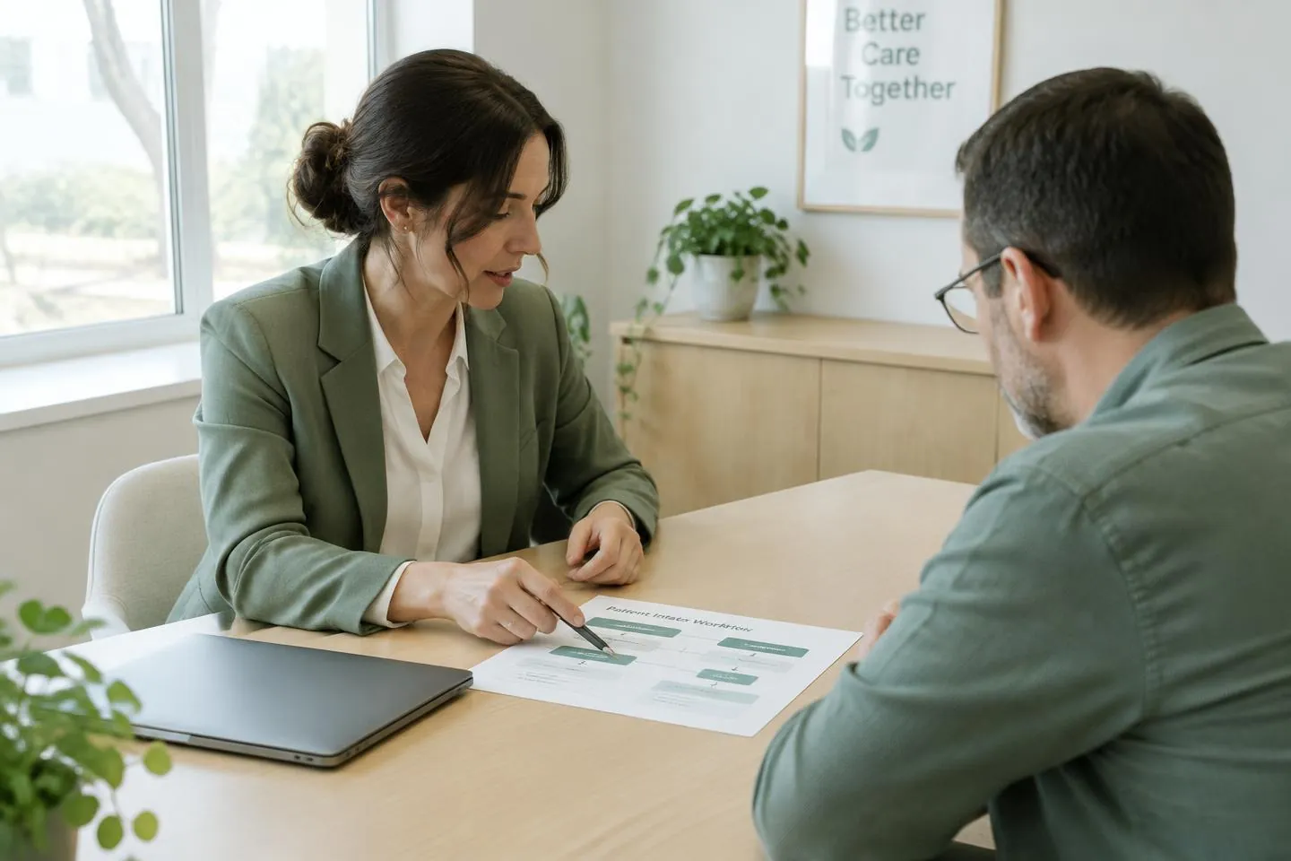 A consultant and clinic administrator reviewing a workflow plan