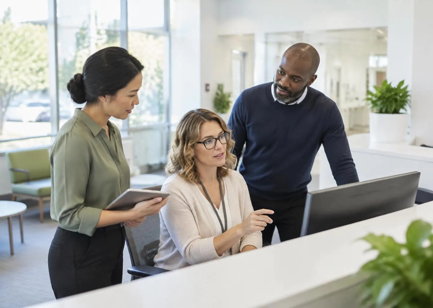 Administrative colleagues collaborating at a healthcare workplace